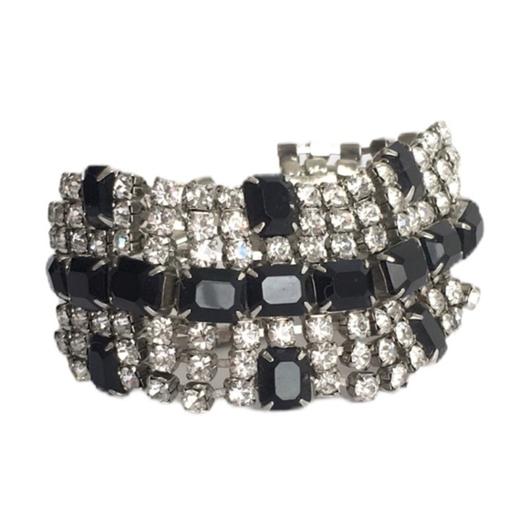 Vintage Rhinestone Bracelet Black & Clear Stones Festive Holiday Cocktail Party - Picture 1 of 9